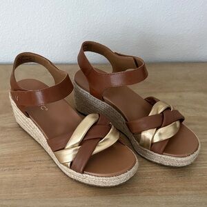 Vionic Brown and Gold Espadrille Wedge Sandals